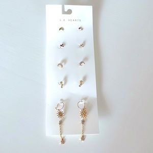 L.A. Hearts Jewelry Gold Tone Celestial Earrings, 6 Pack Moon and Stars, NEW
